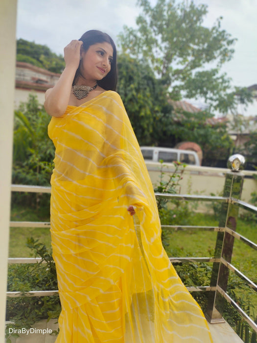 Daffodil Ripple (Hand Tie-Dyed yellow Chiffon Saree)