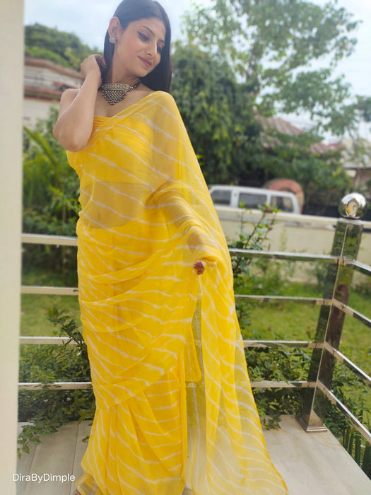 Daffodil Ripple (Hand Tie-Dyed yellow Chiffon Saree)