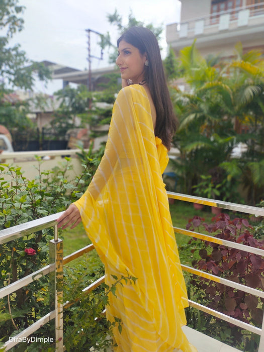 Daffodil Ripple (Hand Tie-Dyed yellow Chiffon Saree)