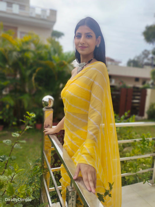 Daffodil Ripple (Hand Tie-Dyed yellow Chiffon Saree)