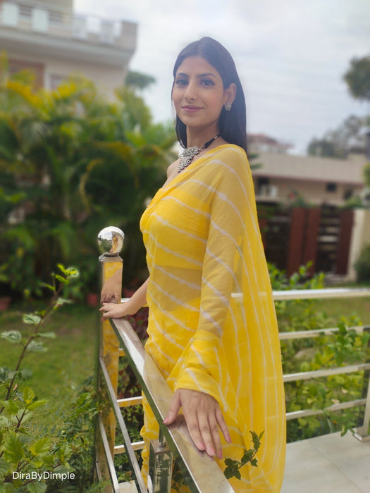 Daffodil Ripple (Hand Tie-Dyed yellow Chiffon Saree)