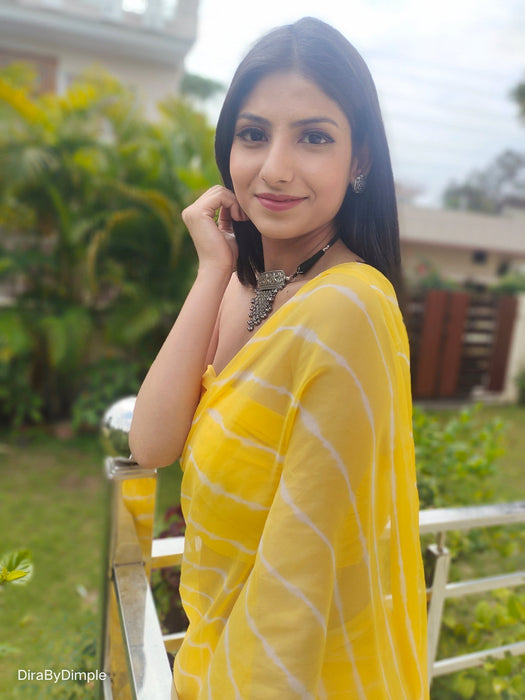 Daffodil Ripple (Hand Tie-Dyed yellow Chiffon Saree)