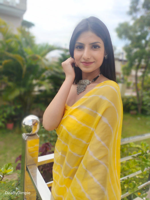 Daffodil Ripple (Hand Tie-Dyed yellow Chiffon Saree)