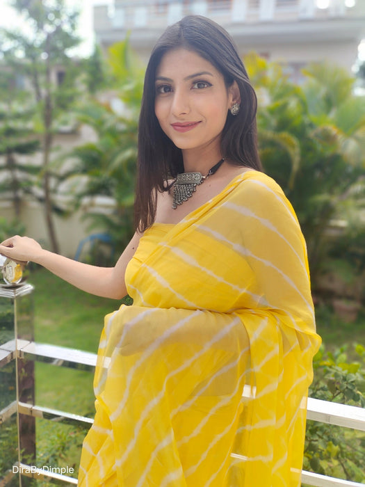 Daffodil Ripple (Hand Tie-Dyed yellow Chiffon Saree)