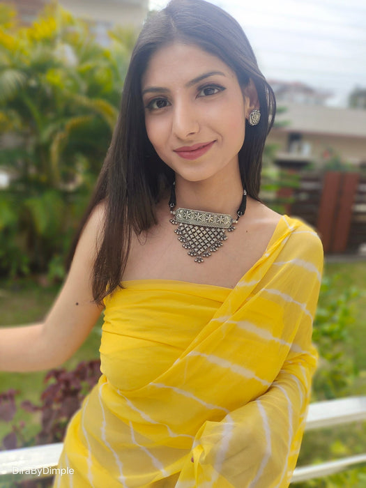 Daffodil Ripple (Hand Tie-Dyed yellow Chiffon Saree)