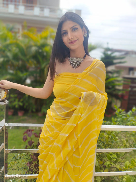 Daffodil Ripple (Hand Tie-Dyed yellow Chiffon Saree)