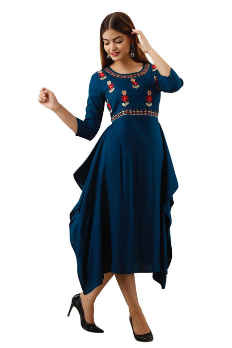 Women's Solid Dyed Rayon Designer Embroidered A-Line Kurta - KR052BLUE