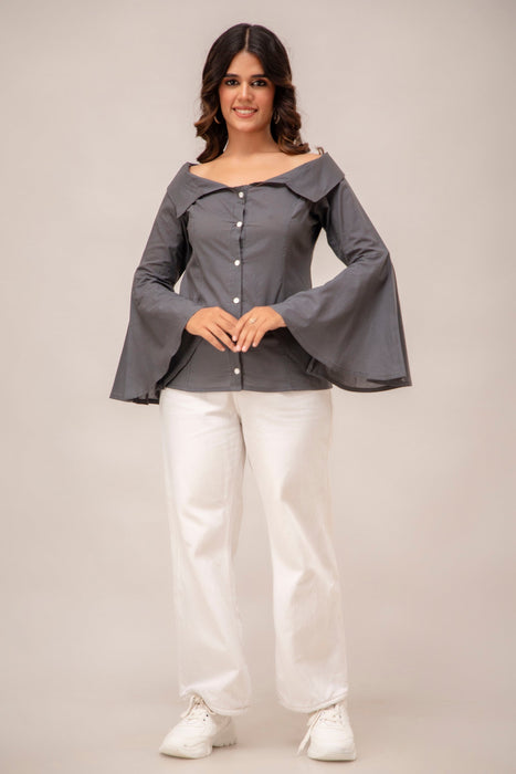 Off Shoulder Chinese Cut Princess Back Bell Sleeves Designer Western Shirt WT5001GREY