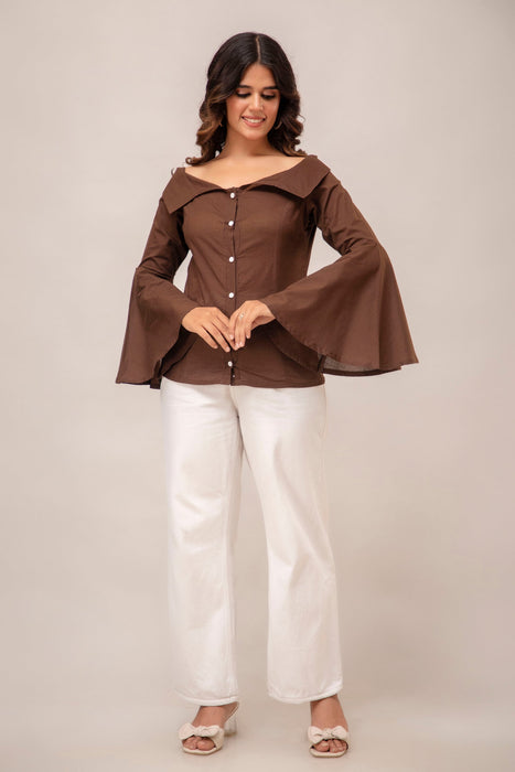 Off Shoulder Chinese Cut Princess Back Bell Sleeves Designer Western Shirt WT5001BROWN