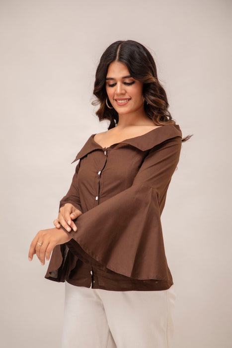 Off Shoulder Chinese Cut Princess Back Bell Sleeves Designer Western Shirt WT5001BROWN