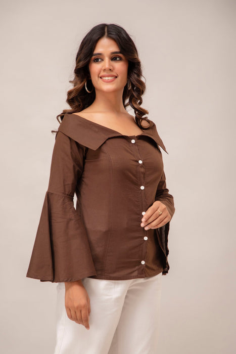 Off Shoulder Chinese Cut Princess Back Bell Sleeves Designer Western Shirt WT5001BROWN