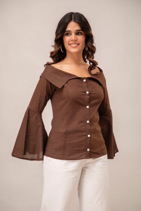 Off Shoulder Chinese Cut Princess Back Bell Sleeves Designer Western Shirt WT5001BROWN