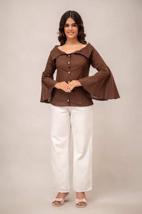 Off Shoulder Chinese Cut Princess Back Bell Sleeves Designer Western Shirt WT5001BROWN