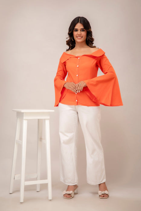 Off Shoulder Chinese Cut Princess Back Bell Sleeves Designer Western Shirt WT5001ORANGE