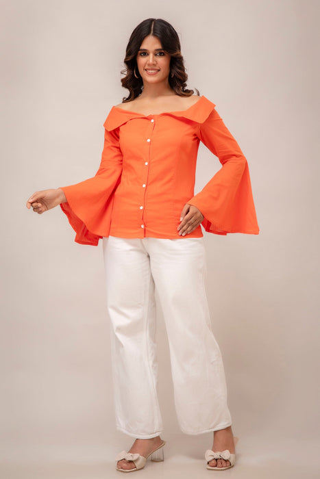 Off Shoulder Chinese Cut Princess Back Bell Sleeves Designer Western Shirt WT5001ORANGE