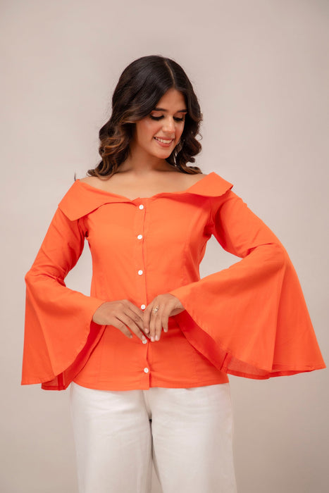 Off Shoulder Chinese Cut Princess Back Bell Sleeves Designer Western Shirt WT5001ORANGE