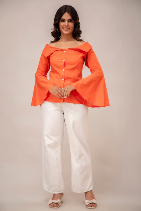 Off Shoulder Chinese Cut Princess Back Bell Sleeves Designer Western Shirt WT5001ORANGE