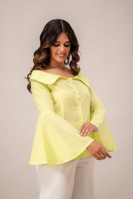 Off Shoulder Chinese Cut Princess Back Bell Sleeves Designer Western Shirt WT5001NEON