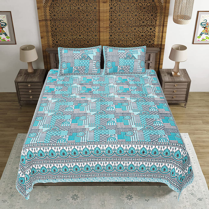 Jaipuri Print Cotton king 90 by 108 Floral Bedsheet with two big size pillow cover BS-19 Blue & Grey