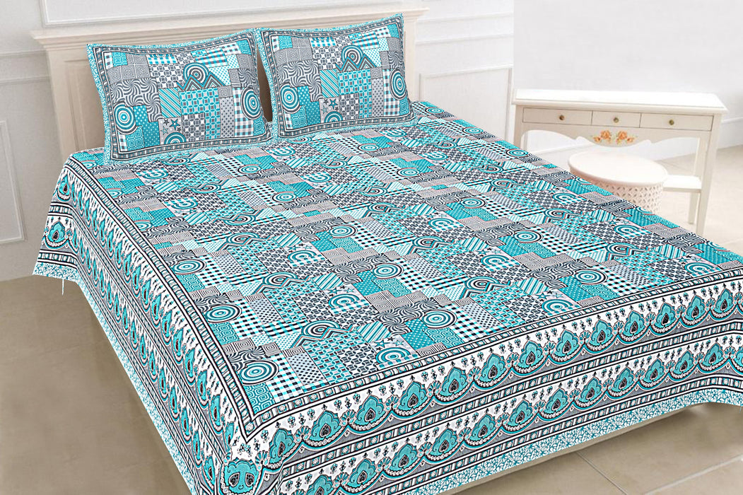 Jaipuri Print Cotton king 90 by 108 Floral Bedsheet with two big size pillow cover BS-19 Blue & Grey