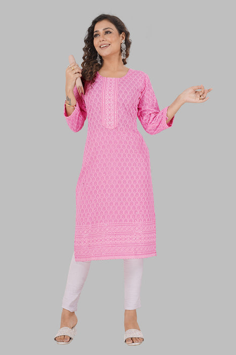 Rayon Chikan sequence work Kurti-NMK-PINK