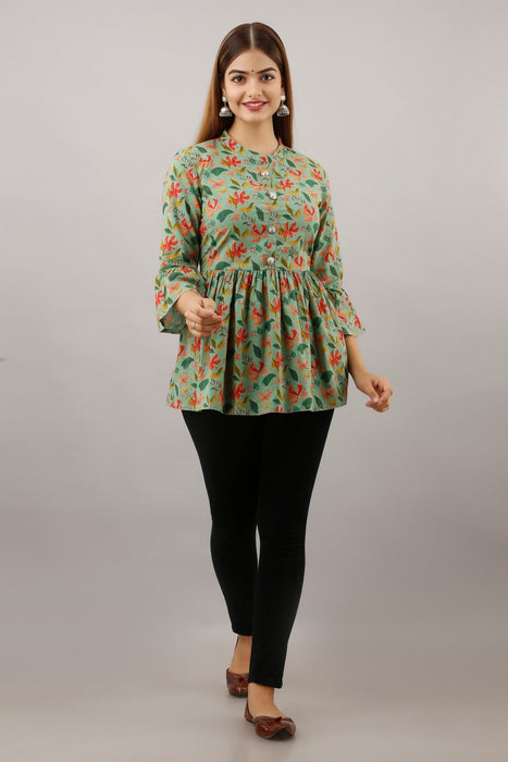 Women's Pure Cotton Printed Hip Length Formal Tops KRT002GREEN