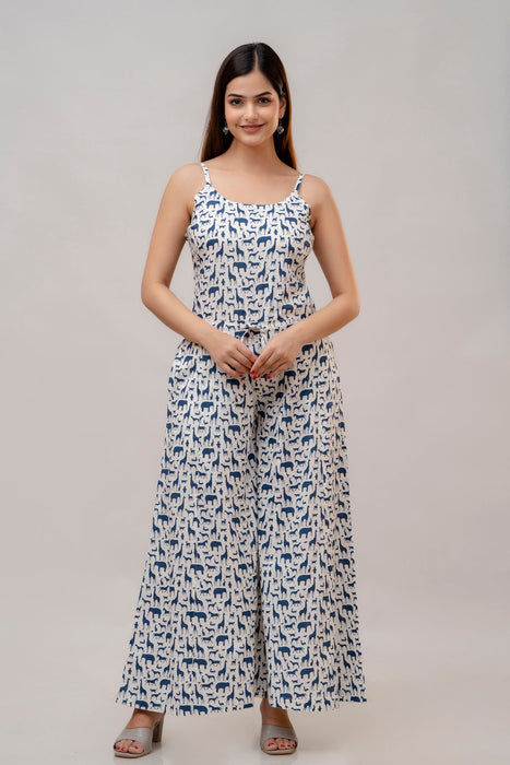 Cotton Sleeveless White and Blue Animal Print Co-ord Set