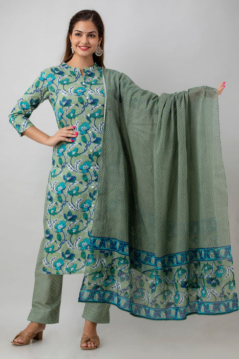 Traditional Zari Embroidery Work A-Line Kurta With Trouser & Dupatta - KR3002GREEN