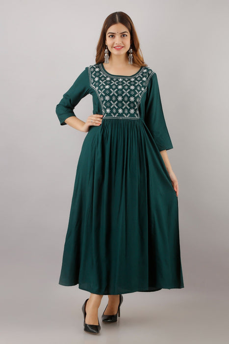 Women's Solid Dyed Rayon Designer Embroidered A-Line Kurta - KR016GREEN