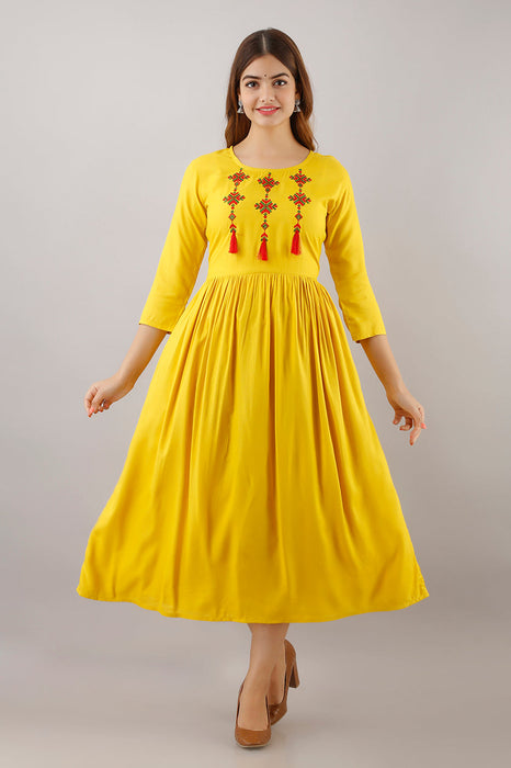 Women's Solid Dyed Rayon Designer Embroidered A-Line Kurta - KR033MUSTARD