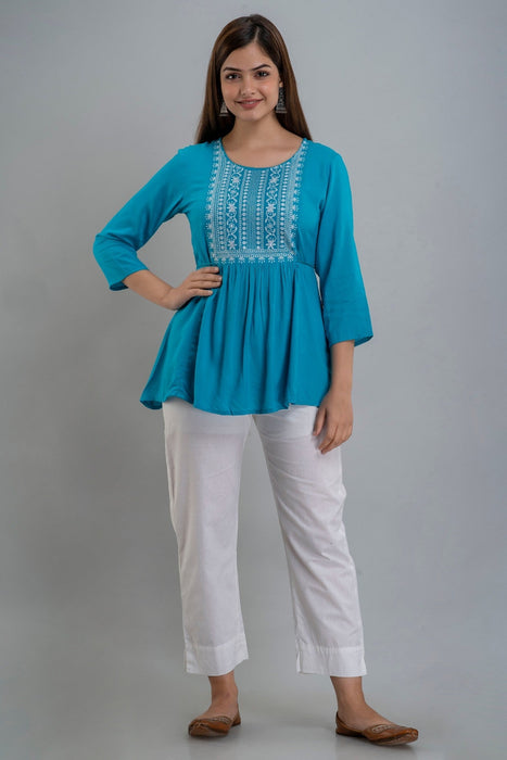 Women's Rayon embroidered Hip Length Formal Tops KRT035TURQUOISE