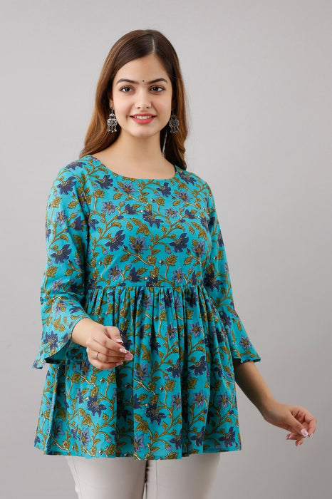 Women's Pure Cotton Printed Hip Length Formal Tops KRT007TURQUOISE