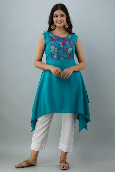 Women's Solid Dyed Rayon Designer Embroidered A-Line Kurta - KR0100TURQUOISE