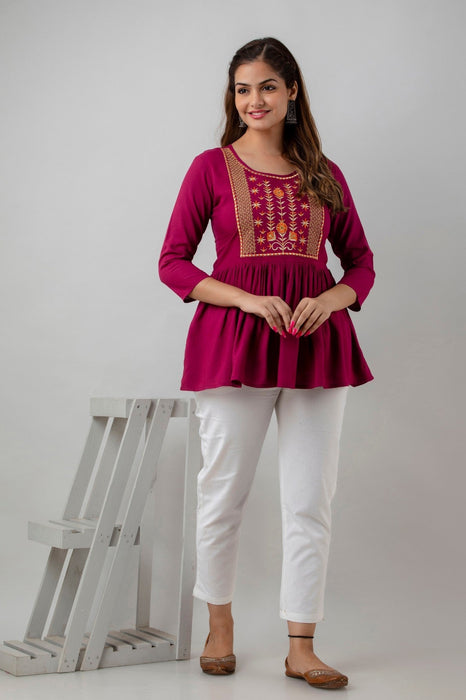 Women's Rayon embroidered Hip Length Formal Tops KRT036WINE