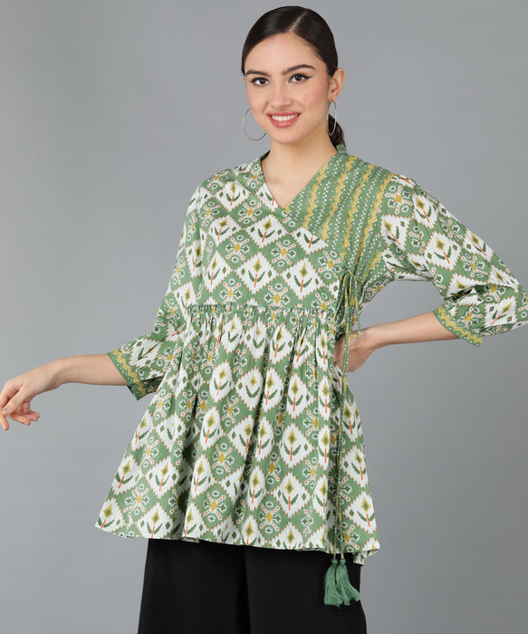 OLIVE GREEN ANGRAKHA PATTERN TOP