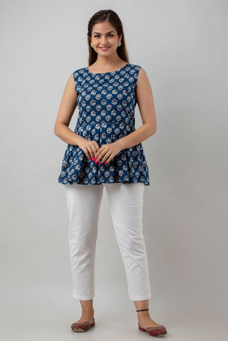 Women's Pure Cotton Printed Hip Length Formal Tops KRT042BLUE