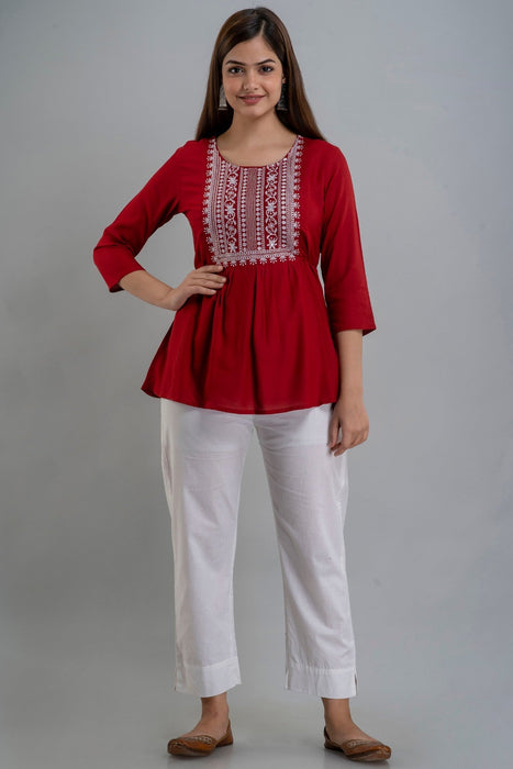 Women's Rayon embroidered Hip Length Formal Tops KRT035MAROON