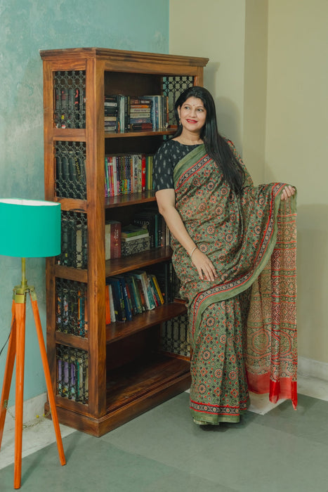 Chanderi Printed Saree - Green Red