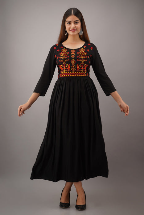 Women's Solid Dyed Rayon Designer Embroidered A-Line Kurta - KR021BLACK