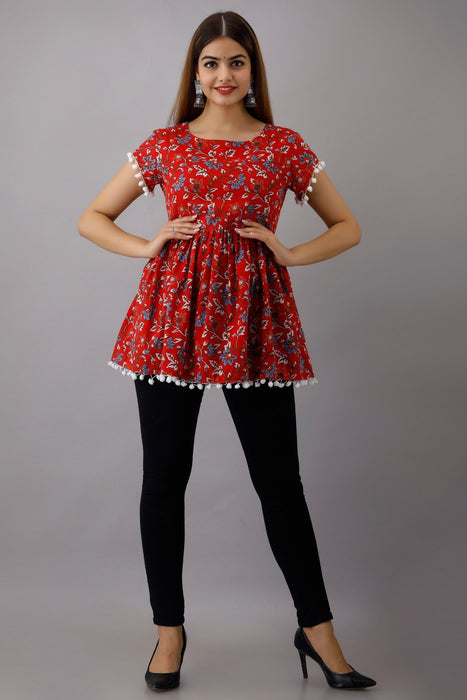 Women's Pure Cotton Printed Hip Length Formal Tops KRT010RED