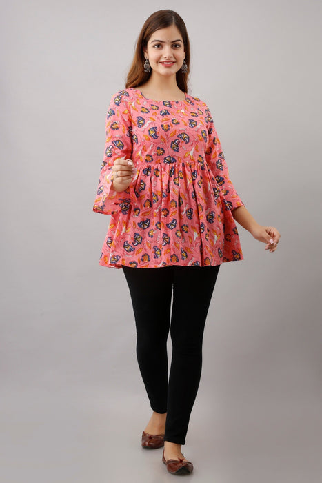 Women's Pure Cotton Printed Hip Length Formal Tops KRT004PINK