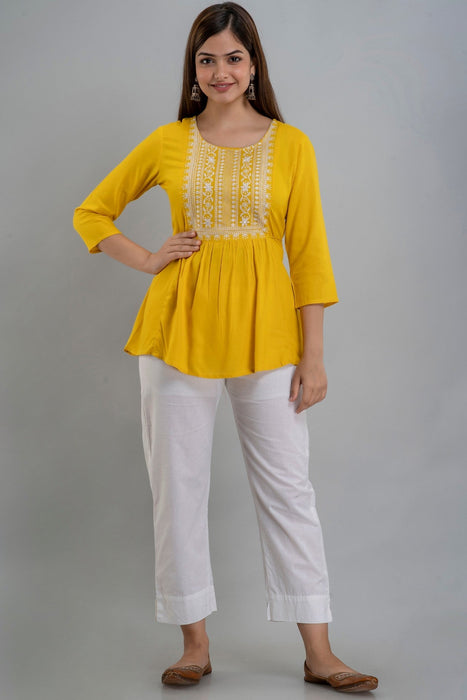 Women's Rayon embroidered Hip Length Formal Tops KRT035YELLOW