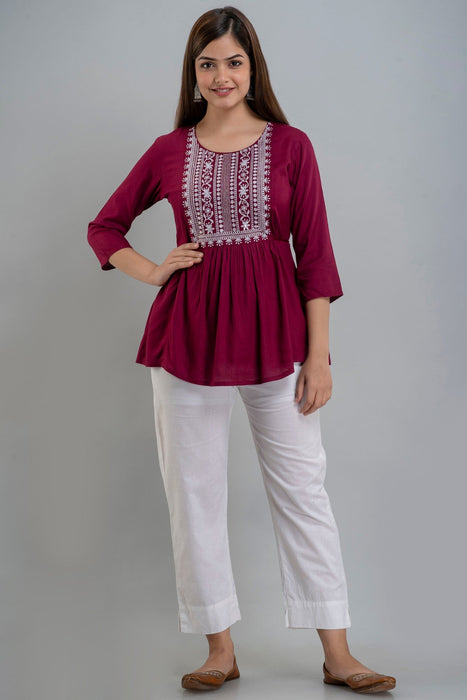 Women's Rayon embroidered Hip Length Formal Tops KRT035WINE