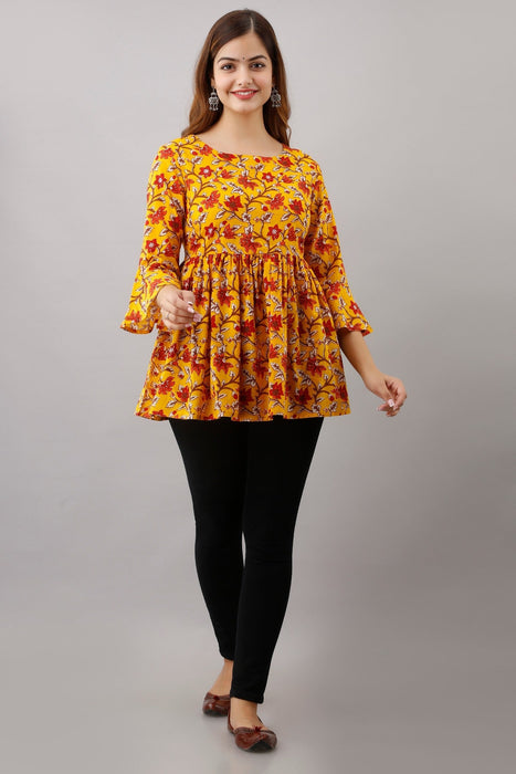 Women's Pure Cotton Printed Hip Length Formal Tops KRT007YELLOW