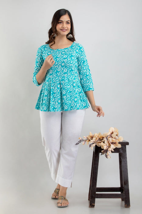 Women's Pure Cotton Printed Hip Length Formal Tops KRT028TURQUOISE