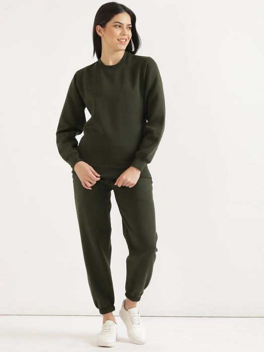 Olive Sweatshirt and Pant Co-ord Set For Women-CK-OLIVECORDSWEATSET