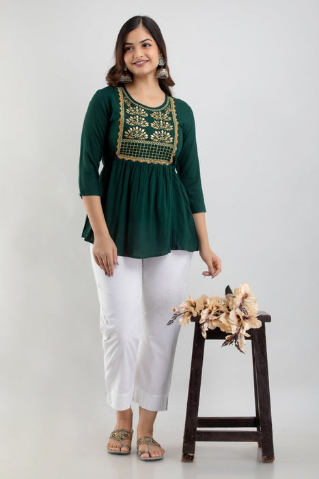 Women's Rayon embroidered Hip Length Formal Tops KRT021GREEN