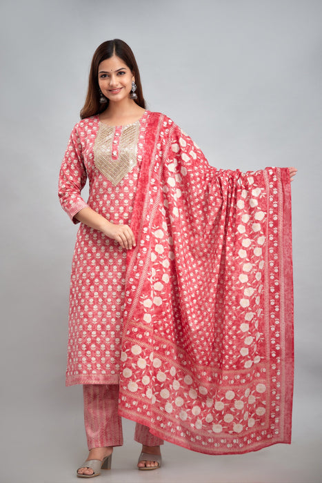 Traditional Zari Embroidery Work A-Line Kurta With Trouser & Dupatta - KR3011PINK