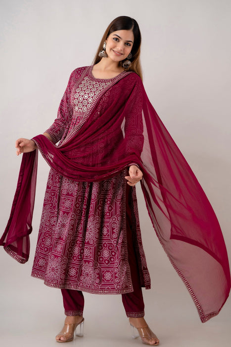 Traditional Zari Embroidery Work A-Line Kurta With Trouser & Dupatta - KR3004WINE