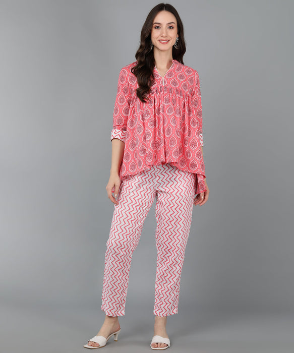 Pink Cotton Printed Top With Trouser